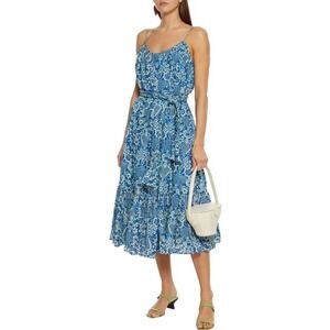 RHODE Lea Belted Floral Printed Cotton-Poplin Midi Dress‎ Blue Vacation X-Small